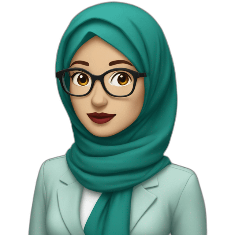 Hijabi white woman with glasses and brown eyes wearing a teal suit red lipstick emoji