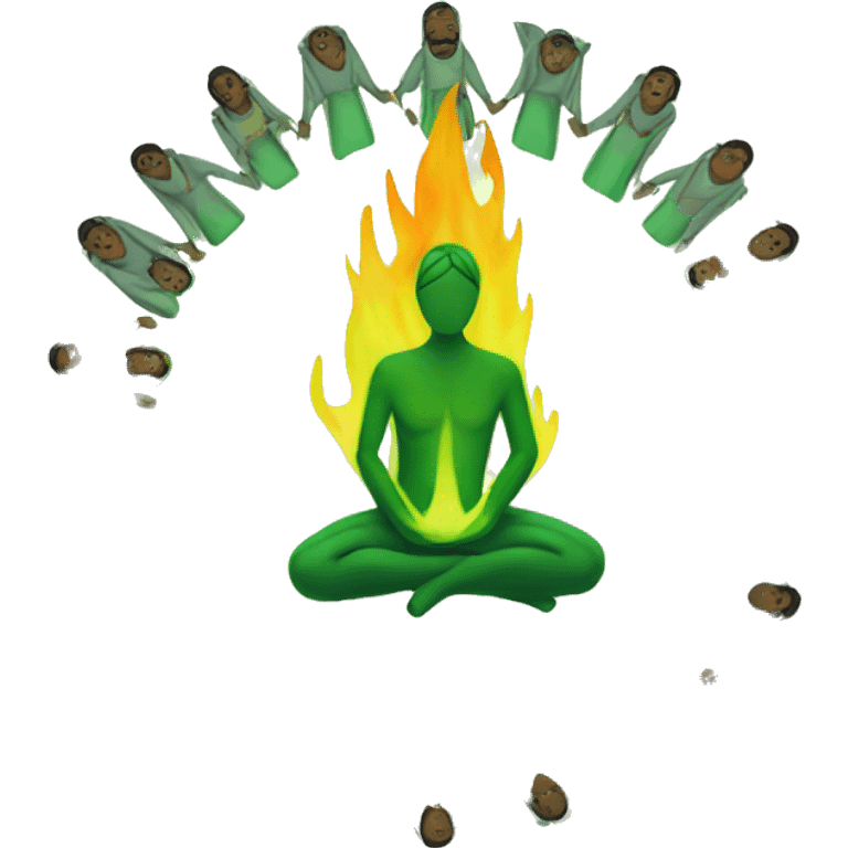 ritual with people kneeling in a circle with green flame in the middle  emoji