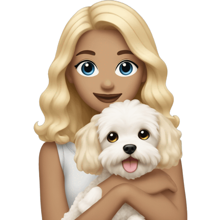 girl with blue eyes and blonde hair holds dog maltipoo cream color hair emoji