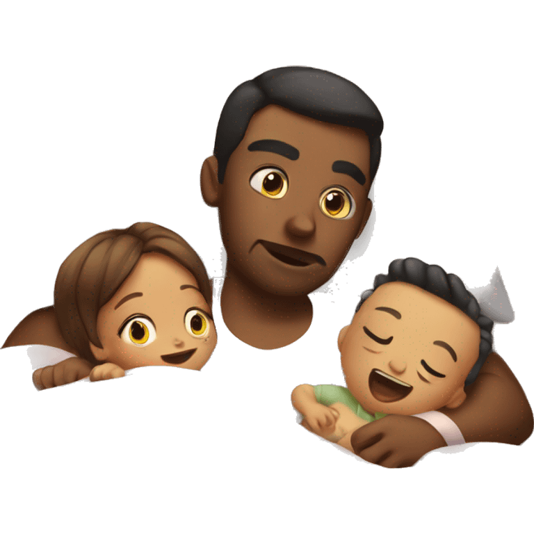 baby lying in bed with mom and dad emoji