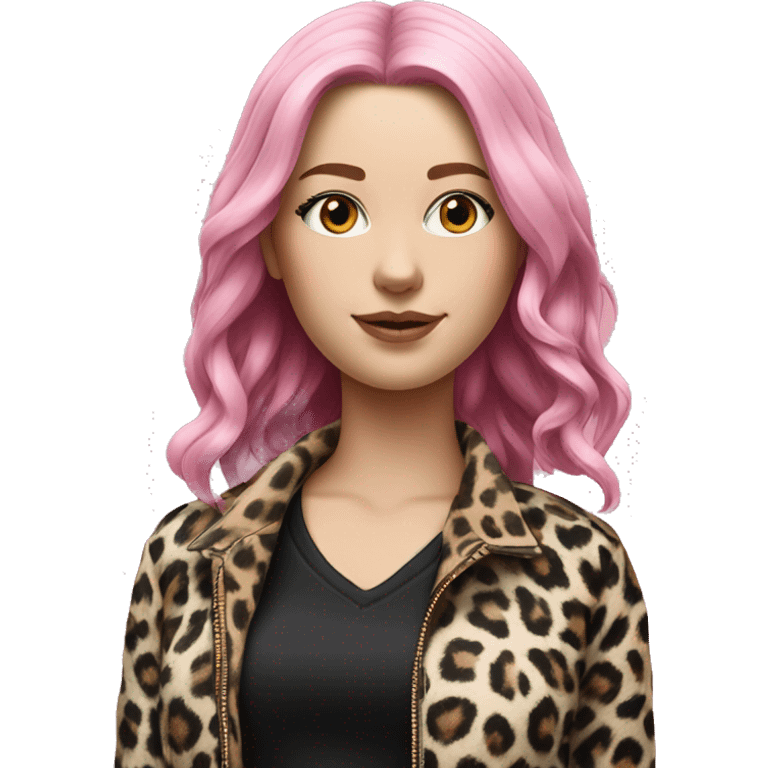 Hyperrealistic WHITE GIRL WITH BLACK AND PINK HAIR AND A JACKET OF LEOPARD AND BLACK SHIRT  emoji