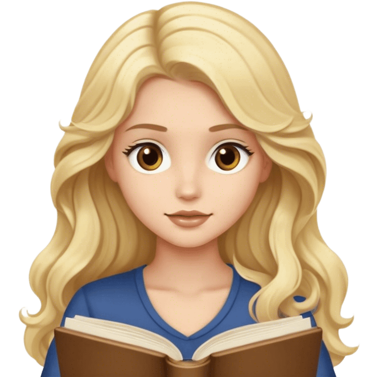 Blonde model with brown eyes, long wavy hair, reading a book emoji