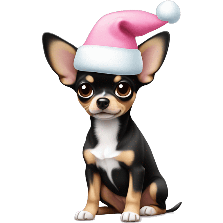 black & tan chihuahua puppy full body light blue eyes pink christmas hat on emoji