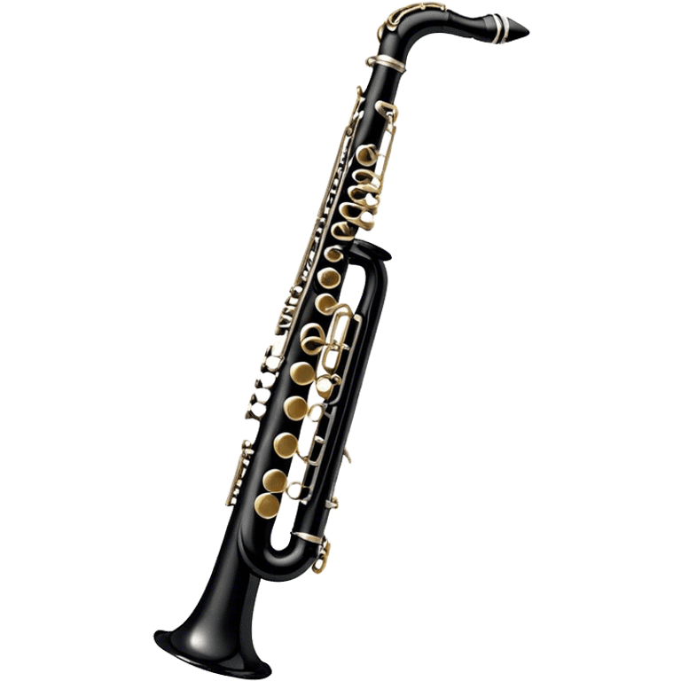 Create a sleek and professional emoji representing a black standard clarinet. The design should feature a smooth, glossy black body of the clarinet with shiny, silver keys clearly visible. Highlight the intricate details of the mouthpiece and reed at the top, while the body of the instrument should remain simple and elegant. Add subtle musical notes or soundwaves floating around the instrument to symbolize its clear, melodic sound. Use black for the body, silver for the keys, and soft lighting effects to give the instrument a polished, sophisticated look. The background should be transparent. emoji