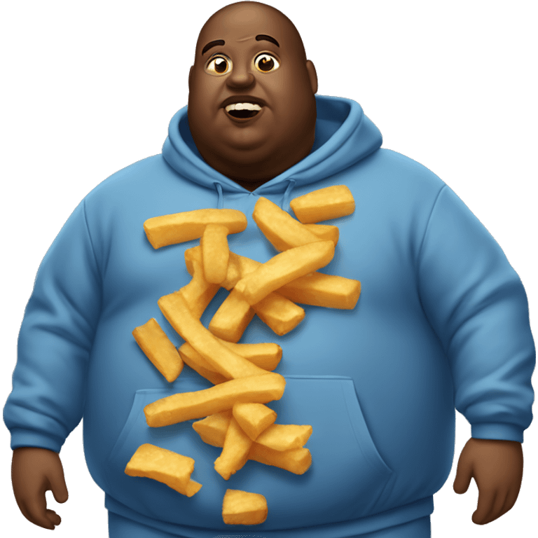 fat man in dirty blue sweatsuit with chili cheese fries in his mouth emoji