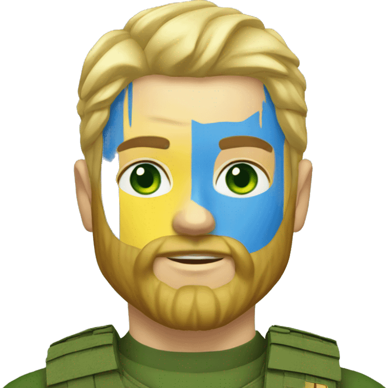 ukrainian military blonde man with a beard with green eyes with blue viking paint on the face  emoji