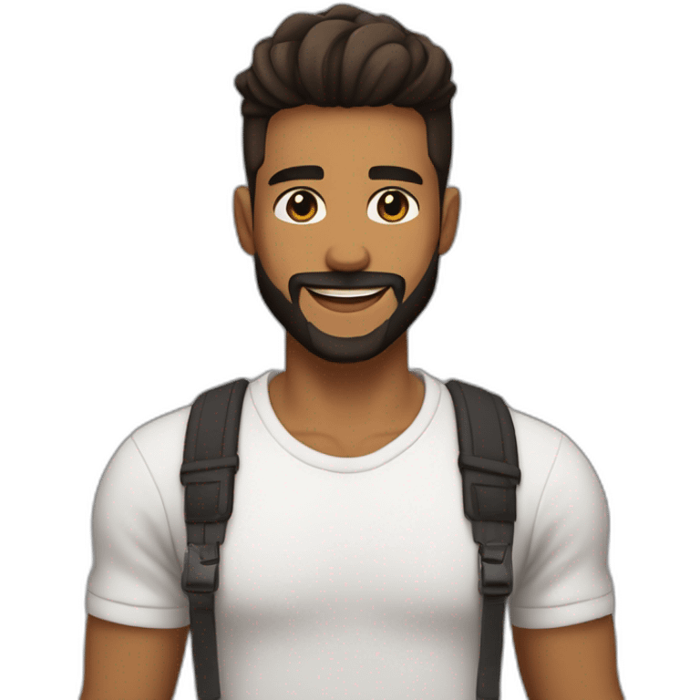 caramel brown skin male, black haircut hair with a skin fade haircut, good beard, white teeth, black t shirt approximately 32 years old, good beard, chest up, confident emoji