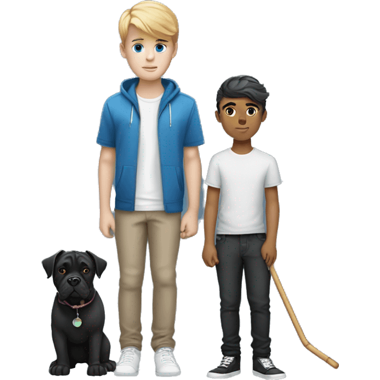 young white kid with justin beiber hairstyle standing alongside a black cane-corso emoji