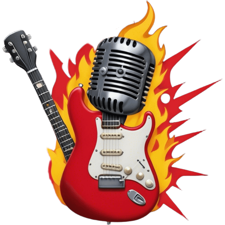 Create a bold and dynamic emoji representing rock vocal performance in a humanless collage. The design should feature a vintage microphone at the center, surrounded by key rock elements like an electric guitar, drumsticks, and a guitar pick. Include symbols of energy, such as lightning bolts or flames, and subtle musical notes or sound waves to evoke the raw power of rock vocals. Use dark, bold colors like black, silver, and red, with hints of chrome or metallic accents to convey the edgy, rebellious spirit of rock music. The background should be transparent. emoji