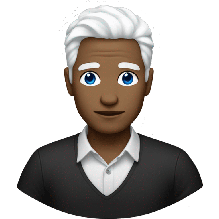 I have white hair, blue eyes, black clothes, black pants, and black shoes. My skin is white, and my eyes are white. emoji