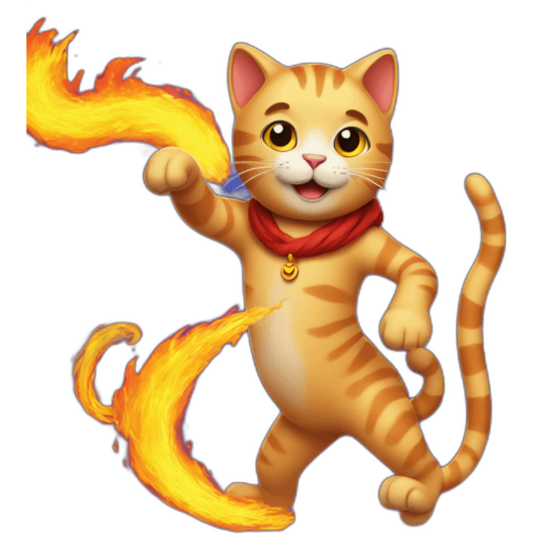 cat wearning a ht dancing with fire in background emoji