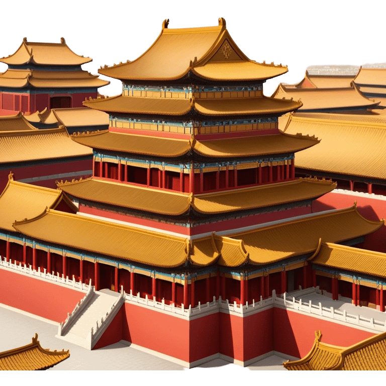 Cinematic Realistic Forbidden City Landmark Emoji, depicting grand imperial architecture with golden rooftops, vast courtyards, and intricate wooden carvings, all surrounded by towering red walls. emoji