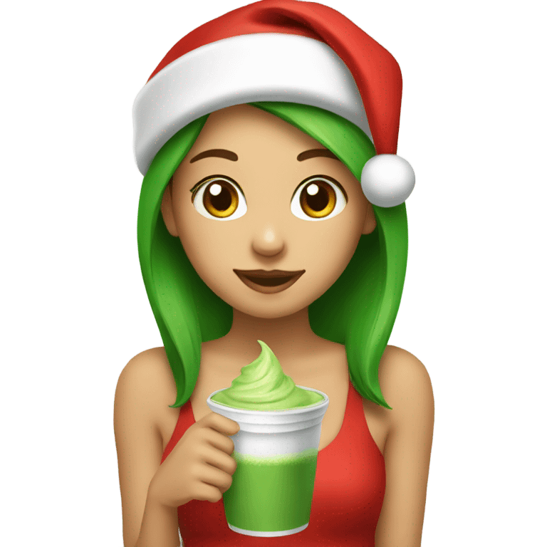 Girl wearing Santa hat and drinking matcha emoji