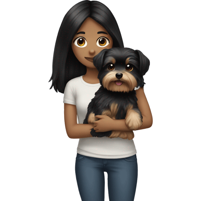 teenage girl with black hair holding a morkie dog emoji