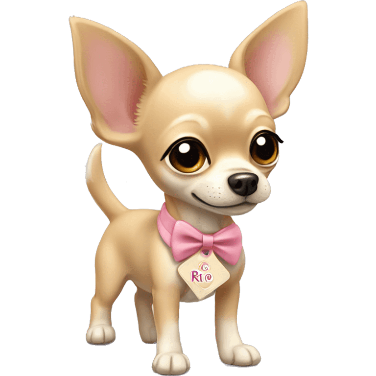 Dog beige chihuahua with bow and name tag rio emoji