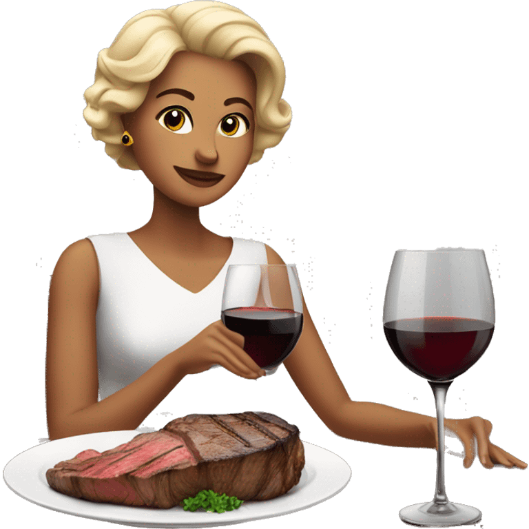 Generate a classy woman seated at a fine dining table, elegantly enjoying a steak and a glass of red wine.  emoji