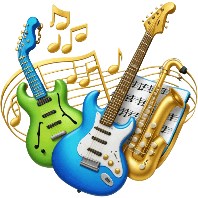 Create an artistic and vibrant emoji that represents music arrangement and orchestration. The design should feature musical notes, a synthesizer, drums, and an electric guitar, symbolizing the fusion of different instruments in an arrangement. Include subtle details like flowing lines to represent harmony between instruments, and integrate sheet music in the background. Use a dynamic mix of colors like electric blue, neon green, and gold to evoke both the classical and modern elements of music. The background should be transparent, with elements that show the blend of creativity and musical structure. emoji