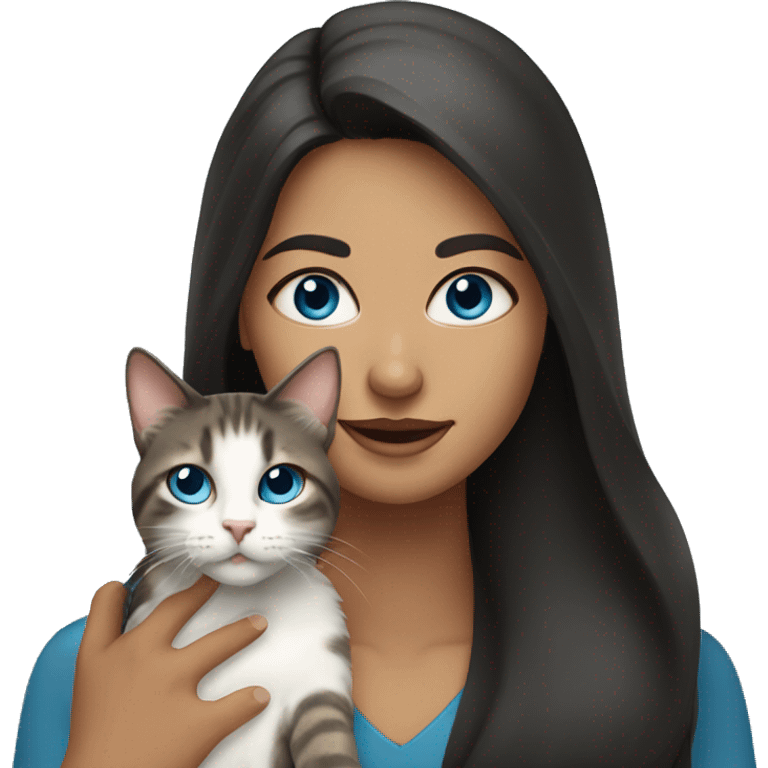 Woman with dark long hair and blue eyes holding a tabby cat  emoji