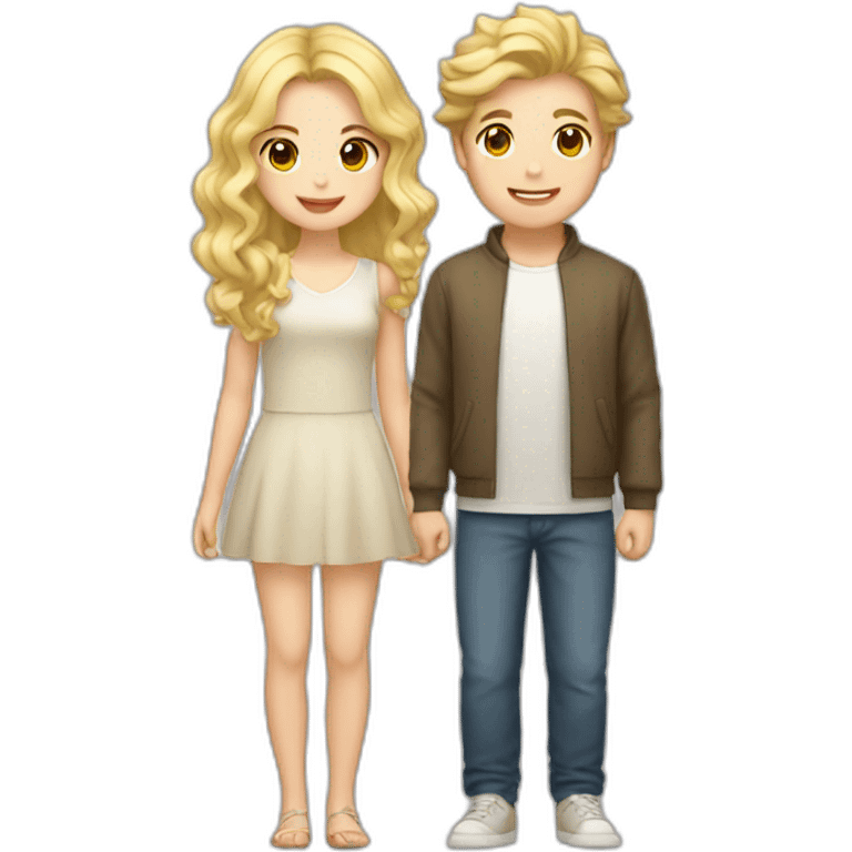 blonde wavy hair girl, japanese tan boy, couple emoji