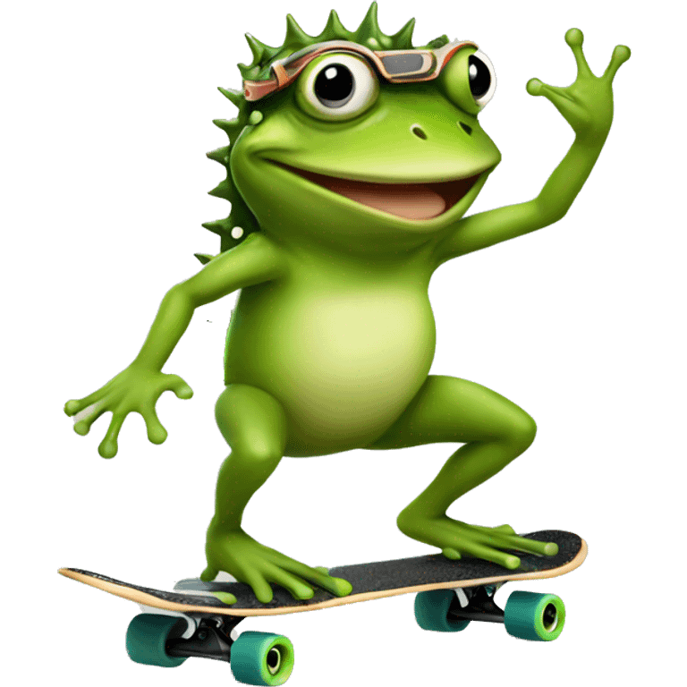 Frog riding a skateboard wearing a spiky helmet emoji