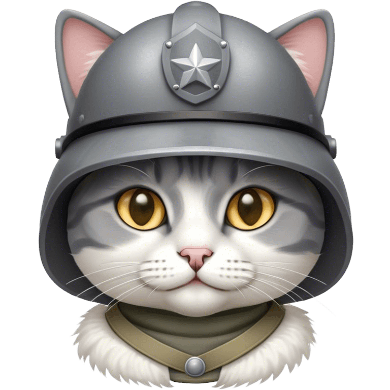 Gray and white cat with a soldier helmet emoji