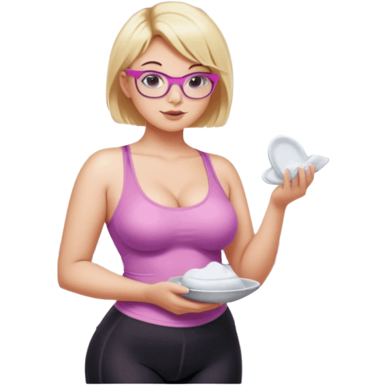 Seductive, Curvy fair skinned woman, short blond hair, small light purple reading glasses, washing dishes, SFW sheer pink tank top, without undergarments SFW, black yoga pants, thick booty emoji