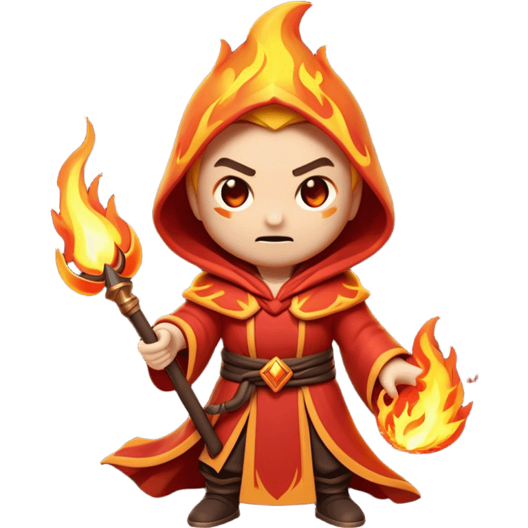 Clash of Clans aesthetic: Cinematic Ferocious Fire Mage Hero closeup Emoji, rendered in a 3D vector-style similar to standard emojis with minimal shading and bold, simplified shapes. A compact, isometric figure draped in flowing, charred and ember-lined robes, wielding a fiery staff crackling with intense flames. Eyes burning with an infernal glow, exuding raw, untamed power. Simplified yet unmistakably iconic, highly detailed and consistent, glowing with a fiery, molten radiance and high shine. Stylized with a touch of menacing sorcery and a searing, ember-infused outline, capturing the essence of a wrathful mage ready to unleash devastating fire magic! emoji