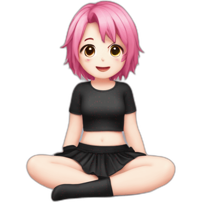 Full body Front view curvy emo girl pink hair sits on the floor straight view hands up black skirt белые трусики полосатые рваные чулки emoji