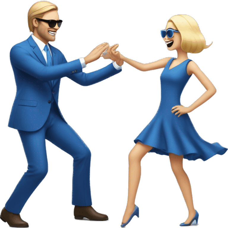 A white-skinned man in a blue suit, square sunglasses is dancing to full-length music in front of a girl in a blue dress, they look at each other and dance emoji