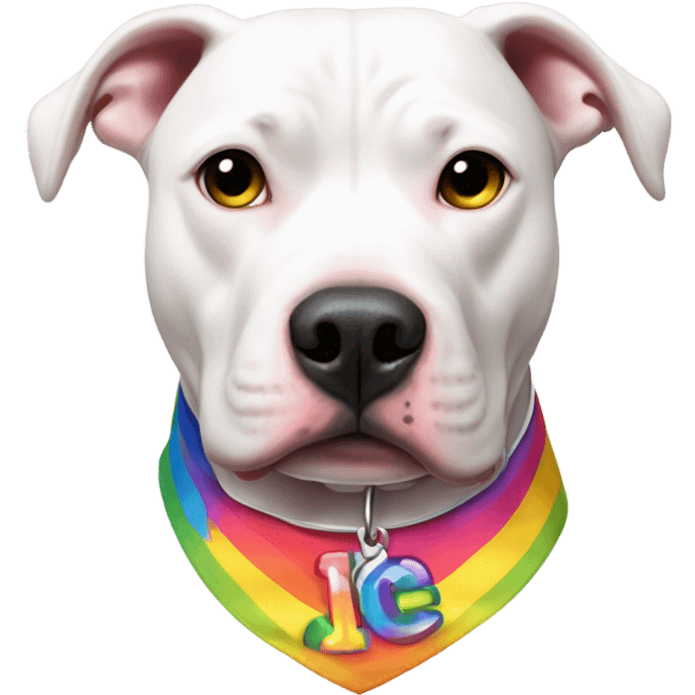 White pitbull with a collar that spells out Ice wearing gay pride shirt emoji