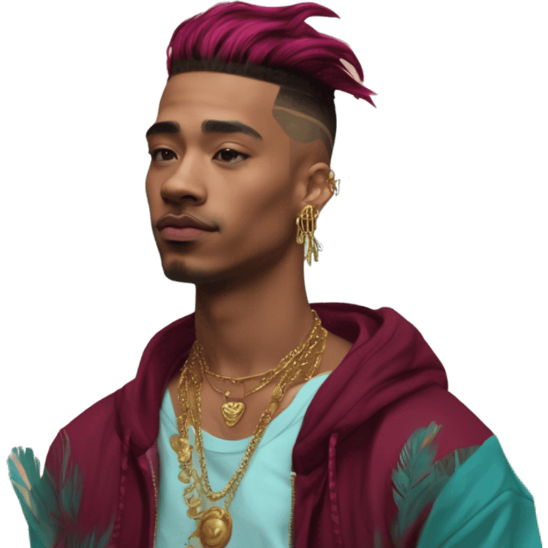 Vintage patina intricate swirls gold jewellery baroque raven wings tropical Deep pink maroon burgundy cyan dark hoodie man vitiligo dyed hair gold piercings nose piercing ear piercings emoji