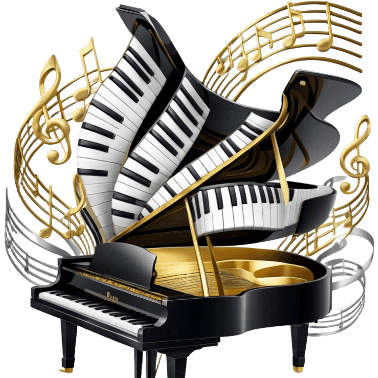 Create a detailed and elegant emoji collage representing keyboard instruments in a celebratory and professional style, reminiscent of a coat of arms. The design should feature a central arrangement of black and white piano keys, forming a symmetrical, powerful image. Around the keys, include a flowing ribbon of musical notes that intertwines with the keys, creating a sense of movement and harmony. Use gold and silver accents to highlight the keys and musical notes, giving the design a festive, high-quality appearance. The design should convey professionalism, elegance, and a sense of occasion. Add subtle reflections on the piano keys to enhance the polished look. The background should be transparent. emoji