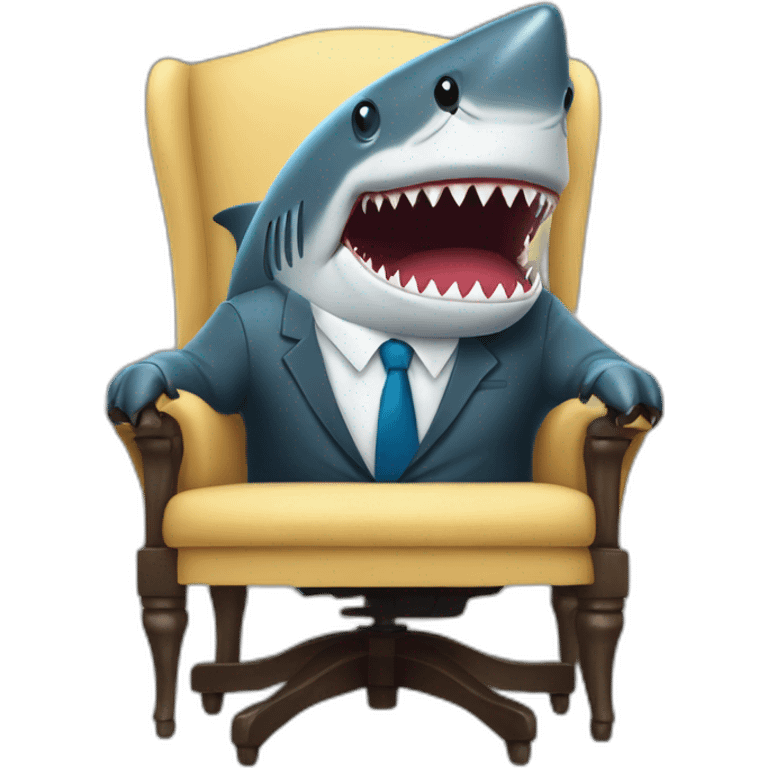 A shark wearing a suit looking straight while sitting in a chair emoji