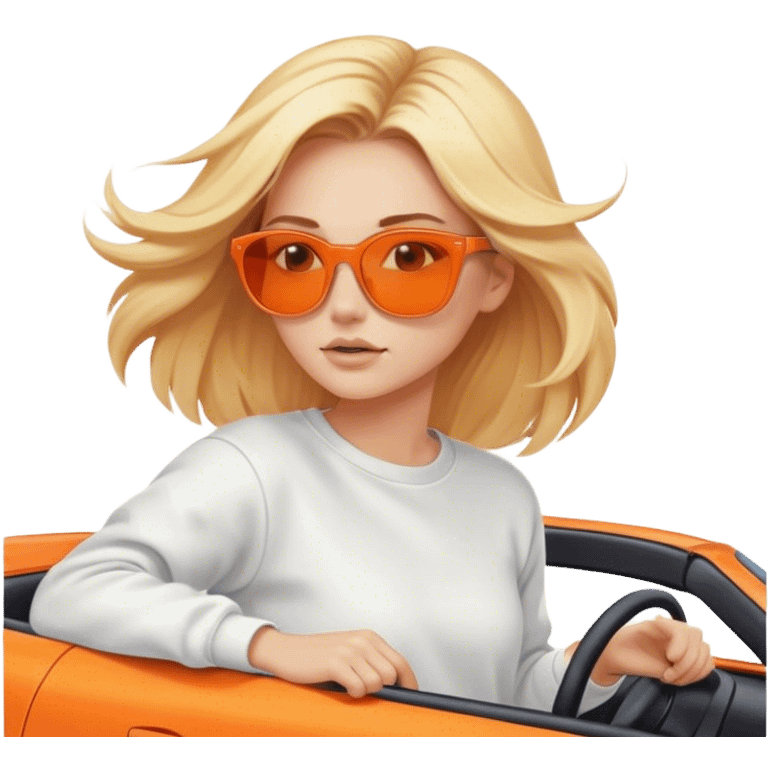 A cinematic realistic blonde in sunglasses, wearing a white sweatshirt, is driving an orange car, her hair is slightly blowing in the wind. emoji