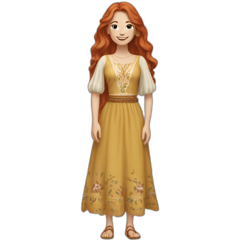 redhead white woman long hair, smiling, wearing boho dress emoji