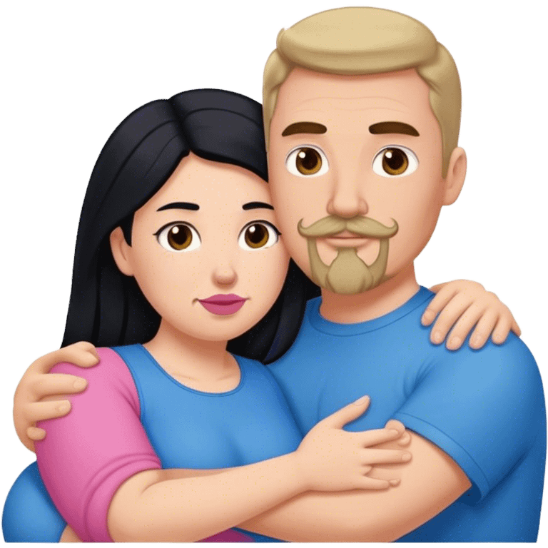 Tall strong white man with brown mustache goatee wearing blue hugging a chubby short pale woman with long black hair wearing pink emoji