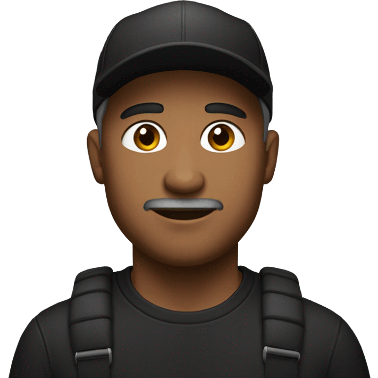 Man in black cap and black t-shirt, short grey bread emoji