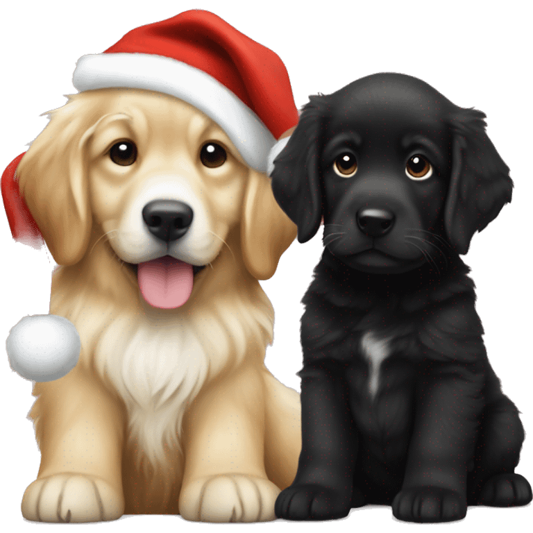 solid black fluffy puppy wearing red vest with white golden retriever puppy wearing a santa hat emoji