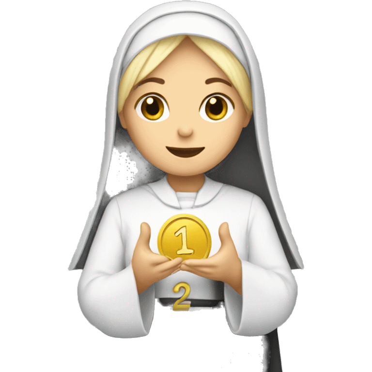 A blonde nun holding a coin with the number 13 on it emoji