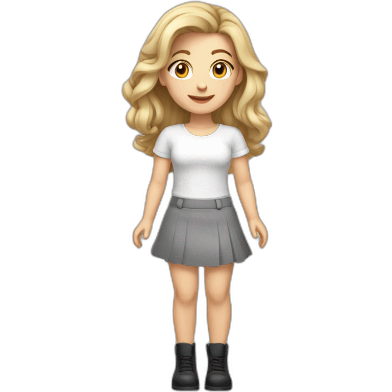 cute caucasian woman white top grey mini skirt black shoes emoji