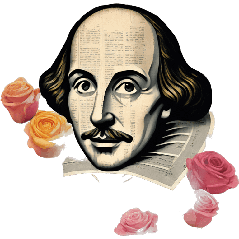 Shakespeare person made of newspaper cuttings wearing flowers,  collage of intricate patterns, roses flowers emoji