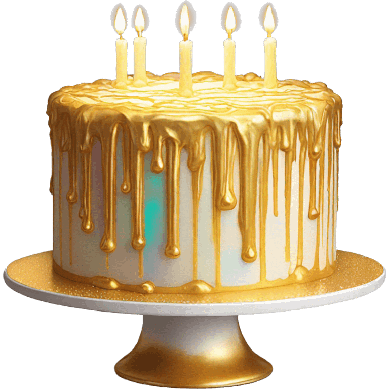 Extravagant iridescent gold drizzle birthday cake glowing candles emoji