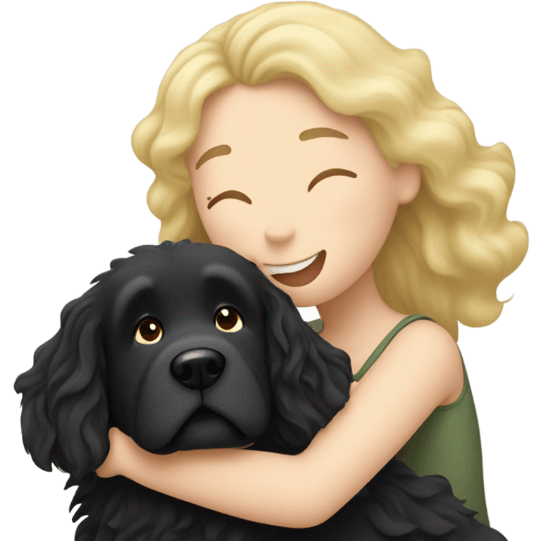 fluffy black Newfoundland dog hugging woman with wavy blond hair  emoji