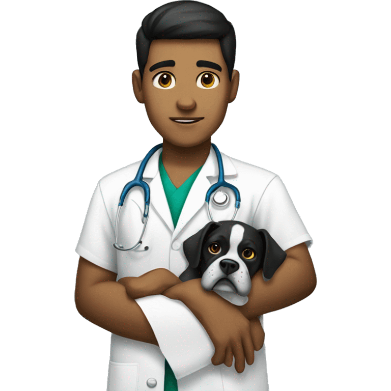 Young Mexican doctor with big black boxer dog with white face emoji