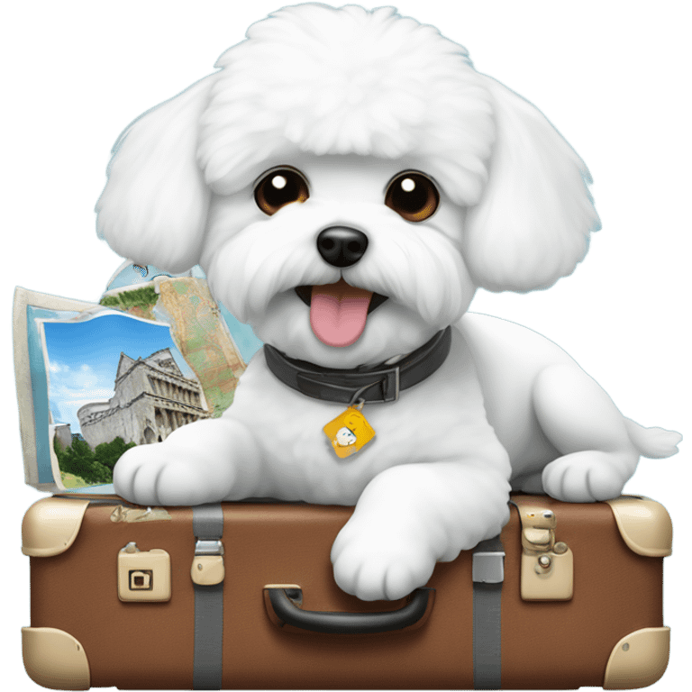 A world traveler Bichon Frise with a suitcase filled with iconic places stickers on the suitcase  emoji