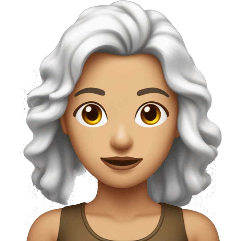 Mujer de piel blanca con pelo a la altura de los hombros , su pelo color marrón oscuro con puntas rubias. De ojos marrones y con remera emoji