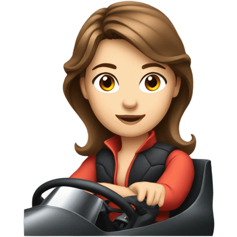 Pretty woman with medium length brown hair in a racing car emoji