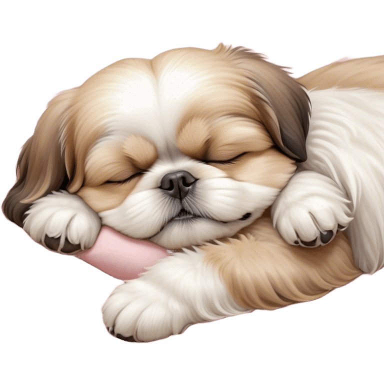 Meme-Worthy Cute Sleeping Shih Tzu Portrait Emoji, Head resting peacefully with a tender, contented smile and eyes delicately closed in serene slumber, showcasing a luxuriously fluffy fur in soft pastel tones, simplified yet irresistibly adorable, highly detailed, glowing with a warm, drowsy radiance, high shine, exuding calm, cozy charm, styled with a gentle, soft glowing outline, capturing the essence of a sleeping Shih Tzu that radiates utterly adorable, sleepy bliss! emoji