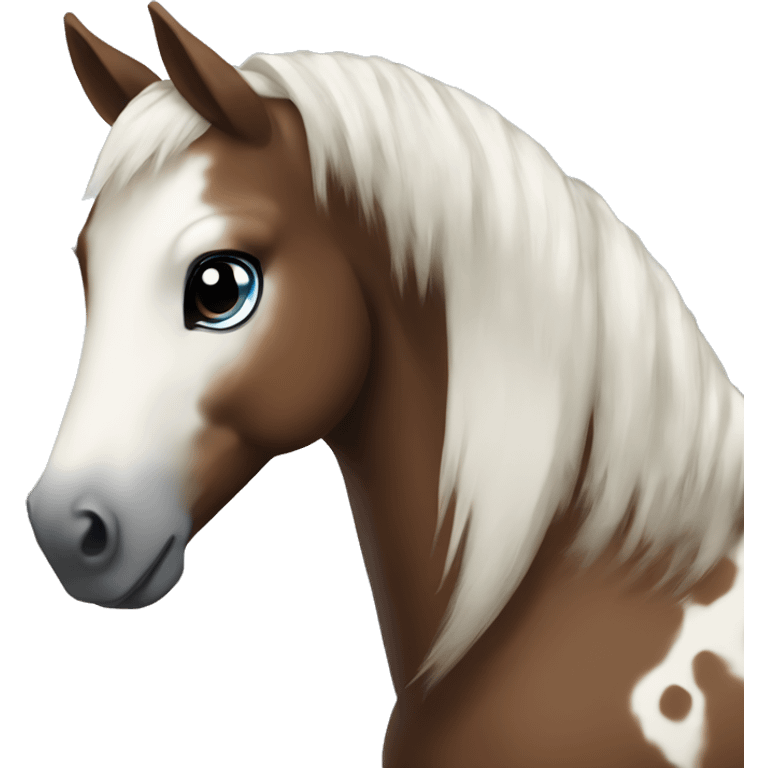 Brown and white spotted pony black hair and blue eyes  emoji