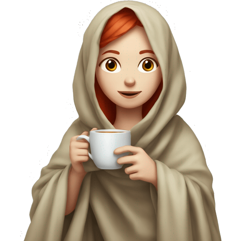 pale girl with red hair wrapped in a blanket and drinking tea emoji